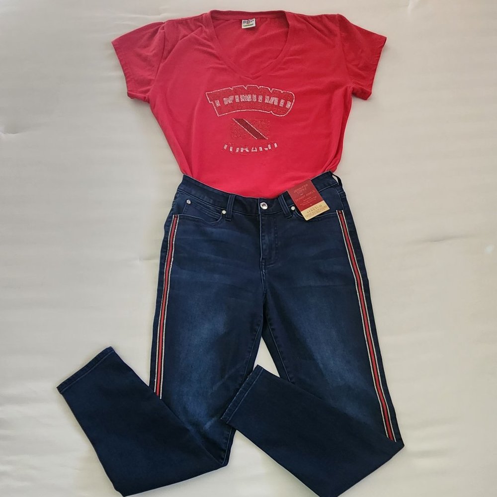 Women's Red Suntan 3XL T-Shirt -Trinidad& Tobago-Red, Black /Silver Embellished